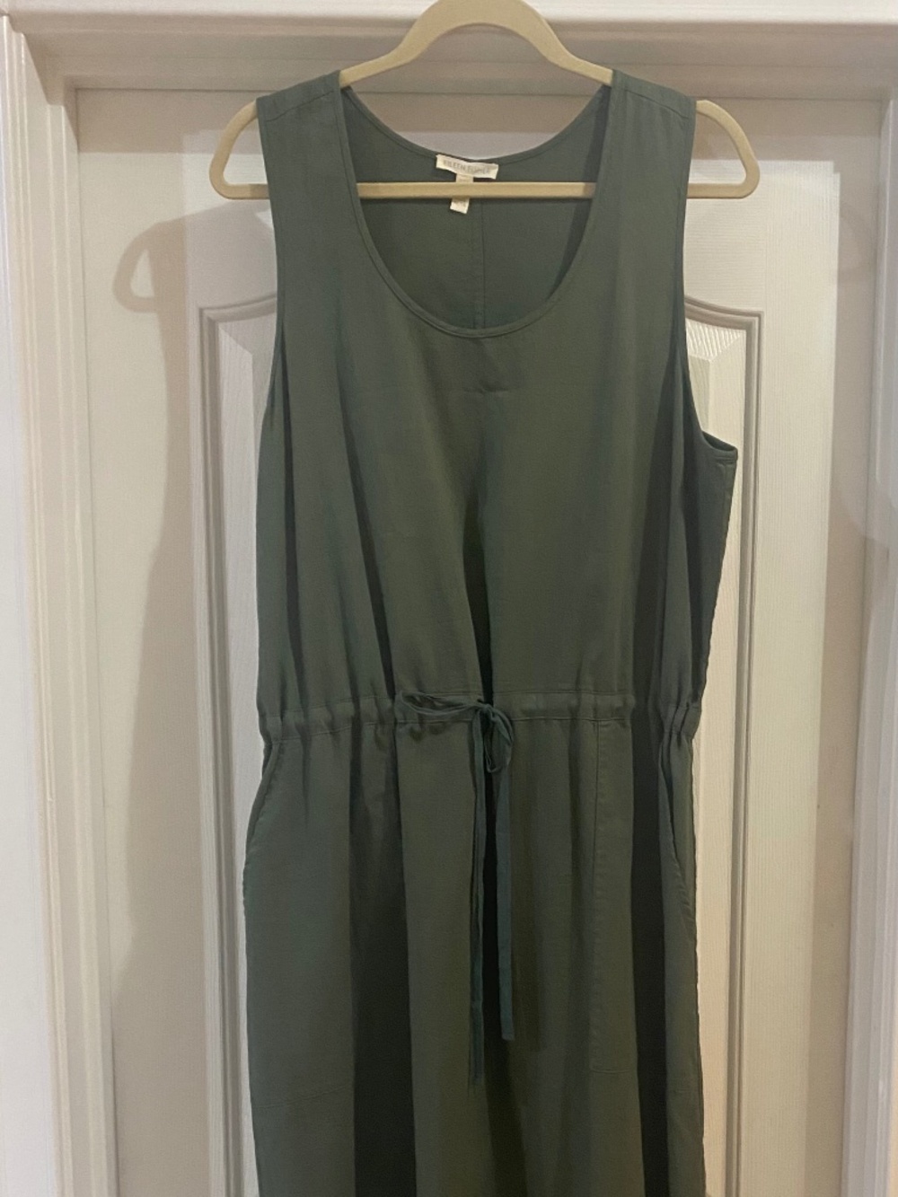 Eileen Fisher Green Cinched Waist Drawstring Organic Cotton Pocket Tank Dress XL